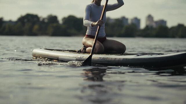 Surfer Rowing With Paddle On River. Athlete Training On Sup Board In Water Reservoir. Active Water Sports Recreation
