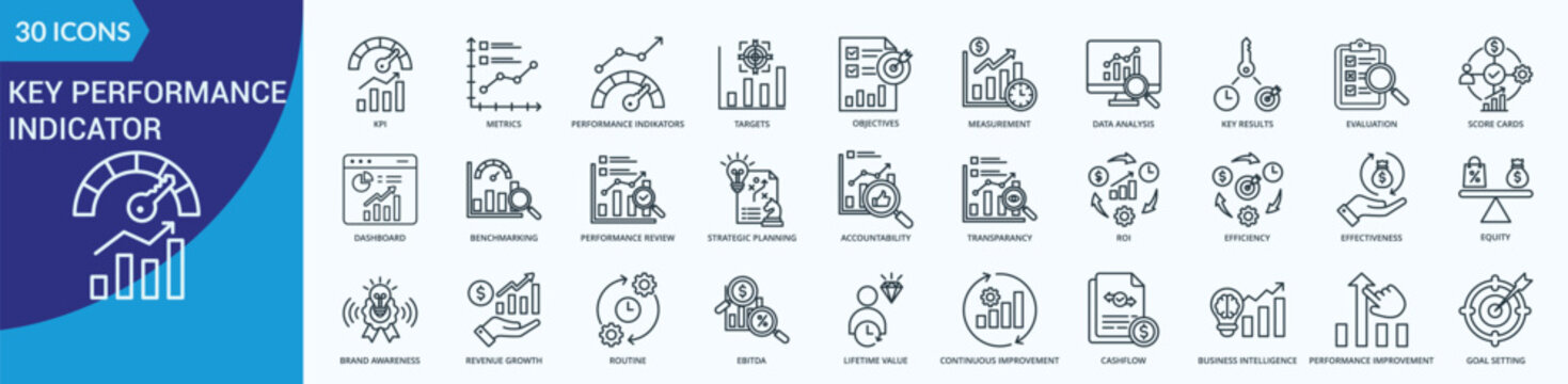 Key Performance Indication Icon Set Flat Blue Style Illustration Vector