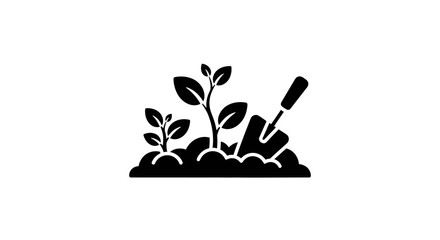 Seedlings grow in fresh soil next to a small garden shovel in this agricultural illustration. © labubu