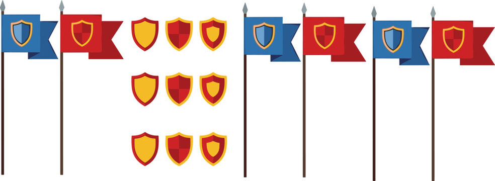 Medieval heraldic banner and shield collection vector illustration with colorful royal flags and knight emblem designs