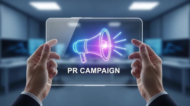 Hands holding a transparent tablet displaying a glowing megaphone and PRCAMPAIGN text