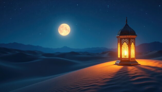 Ornamental Islamic lantern glows warmly on desert sand dune at night. Full moon shines in starry sky above distant mountains. Mystical amber light illuminates landscape.