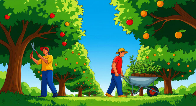 Workers tending to a lush fruit orchard with pruning shears and a wheelbarrow. Gardeners maintaining apple and orange trees. Agriculture concept for sustainable food and gardening marketing.