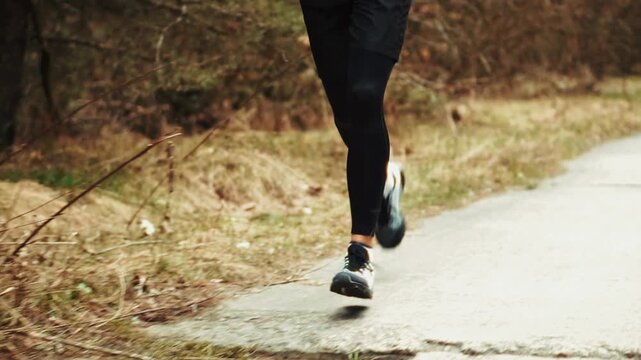 Runner Jogging on Countryside Road through Autumn Forest. Training for Marathon on Outdoor Trail