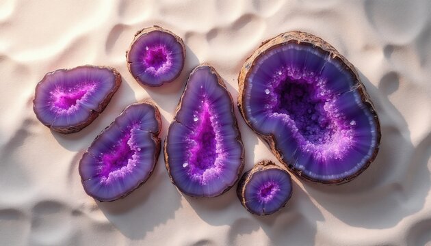 Several violet geode halves arranged on light wavy fabric. Crystals shine inside colorful mineral slices, showing natural purple agate patterns and unique rough edges.
