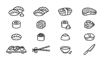 SEO Title: Sushi line icon set Japanese food outline symbols editable vector collection isolated on white © Fatik