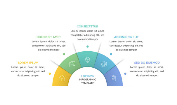 Professional semicircle infographic template with five segments is ideal for business presentations, data visualization, workflow management