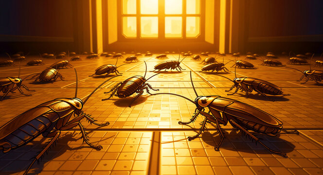 Swarm of cockroaches crawling across tiled floor toward golden light. Infestation of roaches in a room with cinematic lighting. Pest control concept, ideal for extermination service marketing.