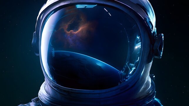 Astronauts visor reflects Earth and nebula a stunning cosmic view of future space exploration innovation