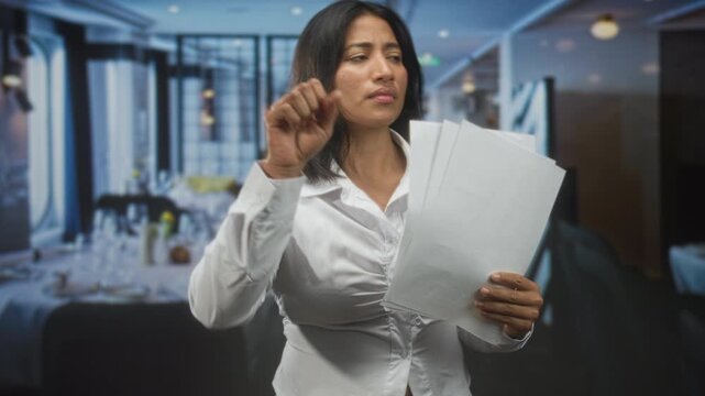 Woman holds papers and raises her hand inside a building restaurant dining area, gesturing with visible documents toward the room; frustration protest.
