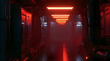 Naklejka premium Glimpse into a retro futuristic corridor bathed in emergency red and orange light industrial design