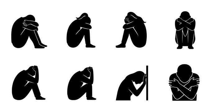 Sadness Icon Set, Silhouette Figures Depicting Grief and Despair, Emotional Distress Vector Graphics, Human Loneliness and Isolation