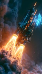 Fototapeta premium Retro rocket ascends through clouds a breathtaking vision of futuristic technology and engineered design