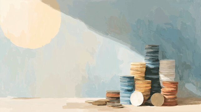 Oil painting of stacked coins / 積み重なったコインの油彩イラスト