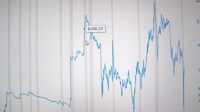 A broker works at a computer in an office with charts of economic growth and decline on the monitor screen close by