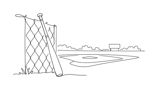 Field Baseball Bat . Minimalistic one-line drawing baseball bat leaning against a fence on a baseball field, continuous single black line on white background, simple outline style, no shading, no
