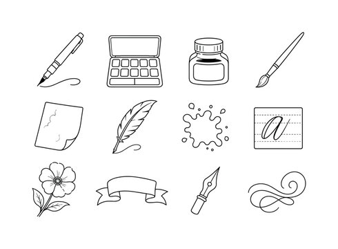 Watercolor calligraphy. Line outline icon set of Watercolor calligraphy: brush pen, watercolor palette, ink bottle, paintbrush, calligraphy paper, feather quill, paint splash, lettering guide,