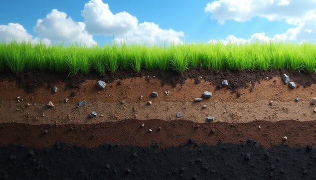 Cross section of earth meadow shows grass soil layers. Layers include topsoil subsoil bedrock with rocks. Blue sky fluffy clouds above bright green grass.