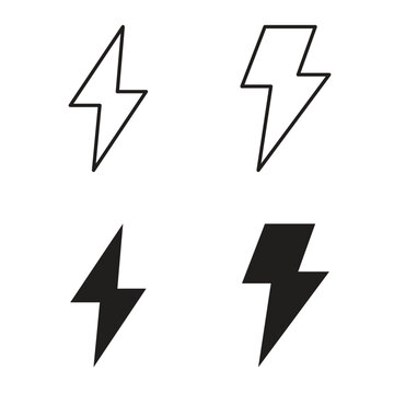 Lightning icon collection in black color. Stroke Lines and flat silhouette style icons