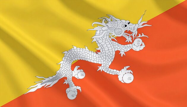 "Bhutan flag with dragon and jewels"
