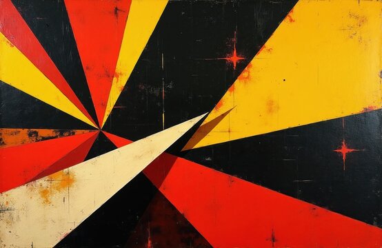Abstract geometric shapes explode with red yellow and black colors. Dynamic sharp angles create sense of motion and energy. Retro constructivist art style feels vintage and modern.