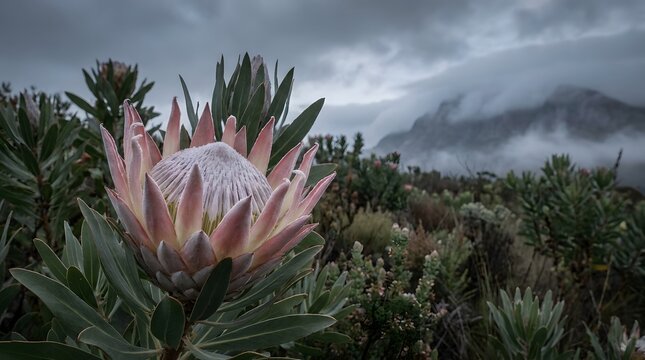 King Protea Flower Blooming in Fynbos Landscape with Misty Mountains