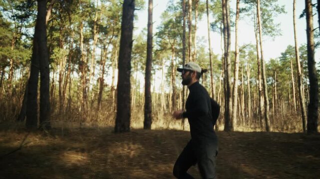 Runner Training in Sunny Pine Forest During Morning Exercise. Wellness Motivation