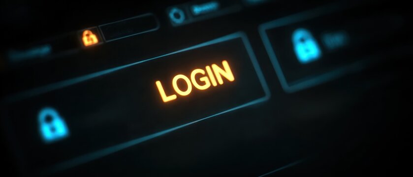 Glowing login button with lock icons on a dark background