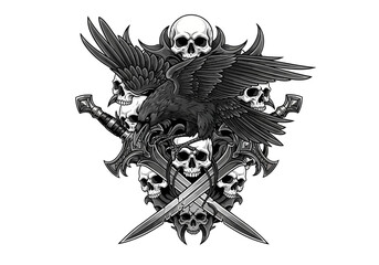 Naklejka premium Intricate gothic illustration featuring a raven and skulls with crossed daggers.