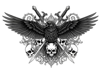 Naklejka premium Intricate raven with spread wings and crossed swords illustration.