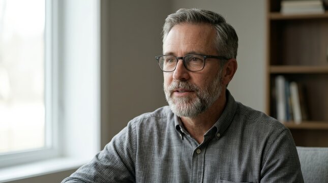 Middle-aged man with a beard speaking thoughtfully during a documentary interview setup.