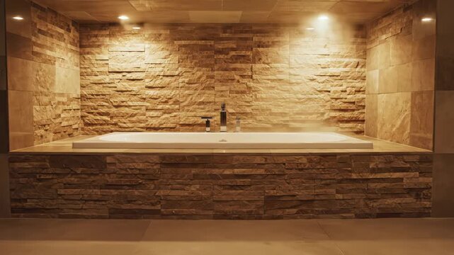 Modern luxury bathroom featuring a white rectangular bathtub recessed into a natural stone wall, illuminated by warm spotlights with steam rising from the water surface.