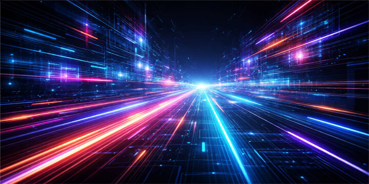A futuristic blue night wallpaper featuring glowing light trails on the highway creates a motion-filled design with bright speed energy and shiny technology waves against an abstract star backdrop