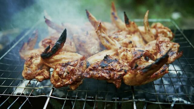 Grilled Chicken Wings Cooking on Barbecue Wire Rack. Poultry Meat Prepared over Hot Coals. Outdoor BBQ Party and Picnic Food