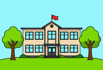 Fototapeta premium School Building with Red Flag and Green Trees Illustration