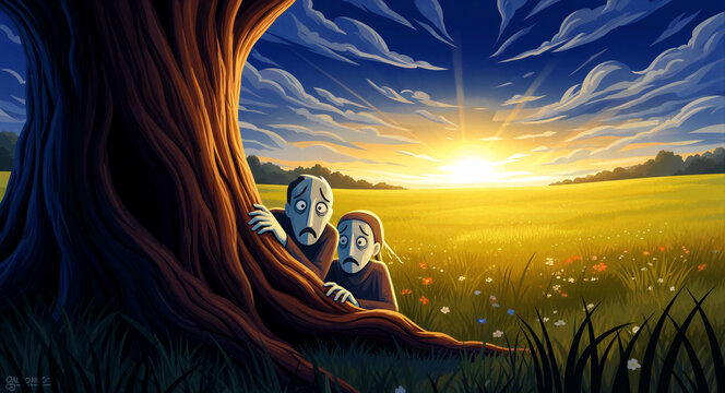 Fearful characters hide behind a tree peeking at a sunlit field. Stylized illustration of a golden hour landscape with dramatic lighting. Anxiety and social phobia concept for mental health themes.