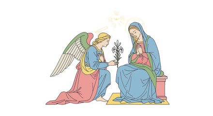 Fototapeta premium Annunciation Angel Delivering Lily to Praying Virgin Mary Illustration