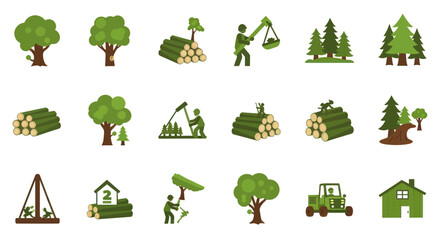 Forestry Icons: Logging, Trees, Wood, Forest Management, Lumberjack, Tractor © mesa