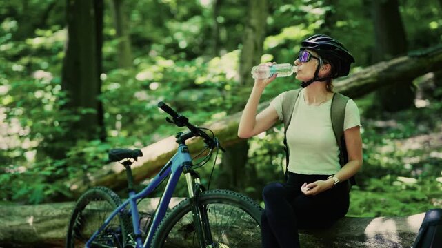 Cyclist Drinking Water while Resting on Log in Forest. Break during Mountain Bike Ride in Park
