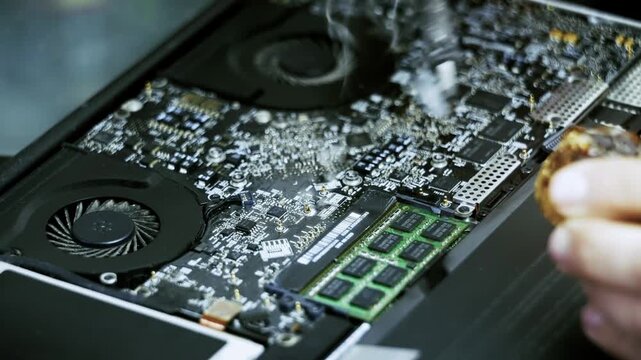 Engineer Soldering Motherboard of Laptop with Soldering Iron. Repairing Electronic Circuit. Microchip Hardware Maintenance