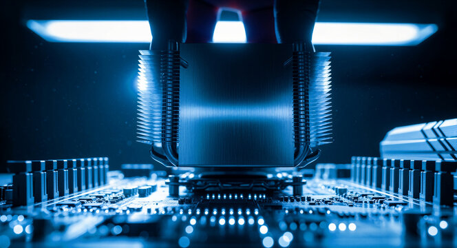 Large CPU heatsink cooler being installed on a computer motherboard. Close-up shot showing metal cooling fins under blue cinematic lighting. PC building and tech hardware repair concept.