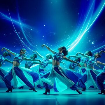 Energetic group of dancers performing on stage with dynamic blue lighting and motion effects.
