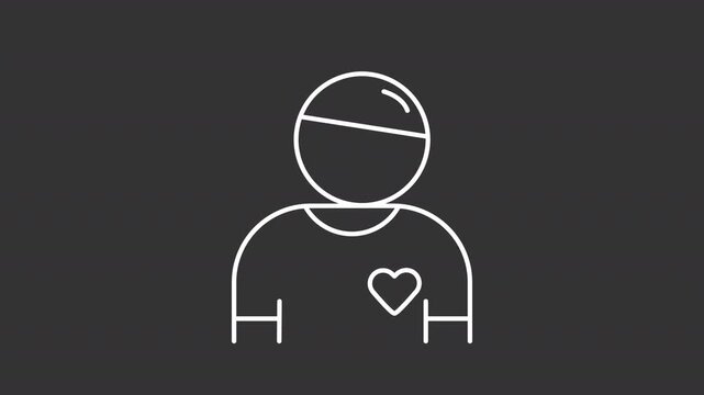 Animated volunteer white line icon. Person wearing hat and t shirt with heart animation. Participant of non profit organization. Isolated element on dark background. Alpha transparent video