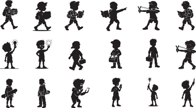 Boys holding books, backpacks, and slingshots, showing ideas with lightbulbs and using smartphones.