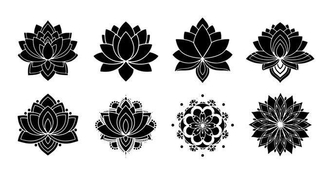 Elegant Black Lotus Flower Vector Icons, Sacred Geometry Mandalas, Spiritual Yoga Symbols, Zen Meditation Graphics, Decorative Floral Elements