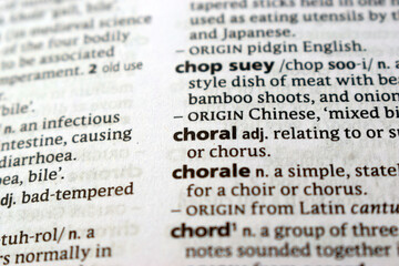 Fototapeta premium Close Up English Dictionary Page With The Word Translation Of - choral