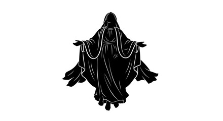 Virgin Mary silhouette stands with outstretched arms as a symbol of grace and religious devotion. © Berkah