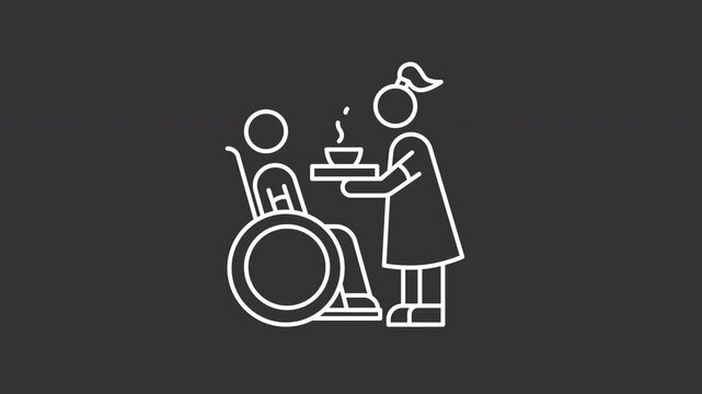 Animated woman giving dinner to man in wheelchair white line icon. Wife caring of husband with disability animation. Caregiver routine. Isolated element on dark background. Alpha transparent video