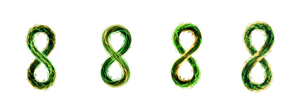 Set of infinity symbols made of glowing green and gold smoke isolated
