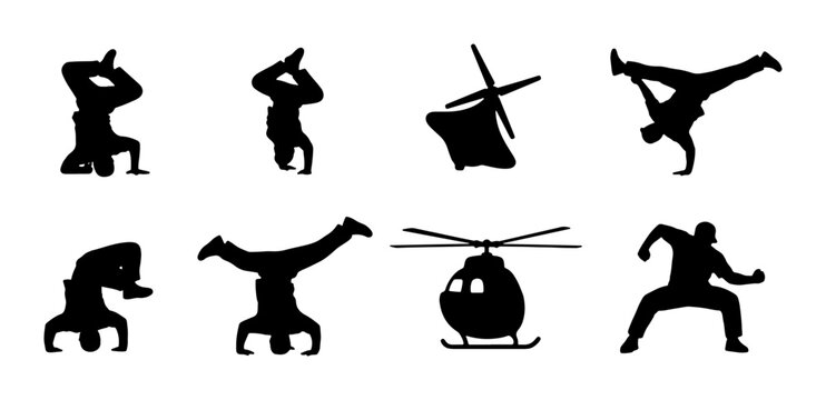 Dynamic Breakdance Silhouettes, Helicopter Icon Set, Action Poses, Urban Dance Moves, Sport Graphics, Vector Art Collection